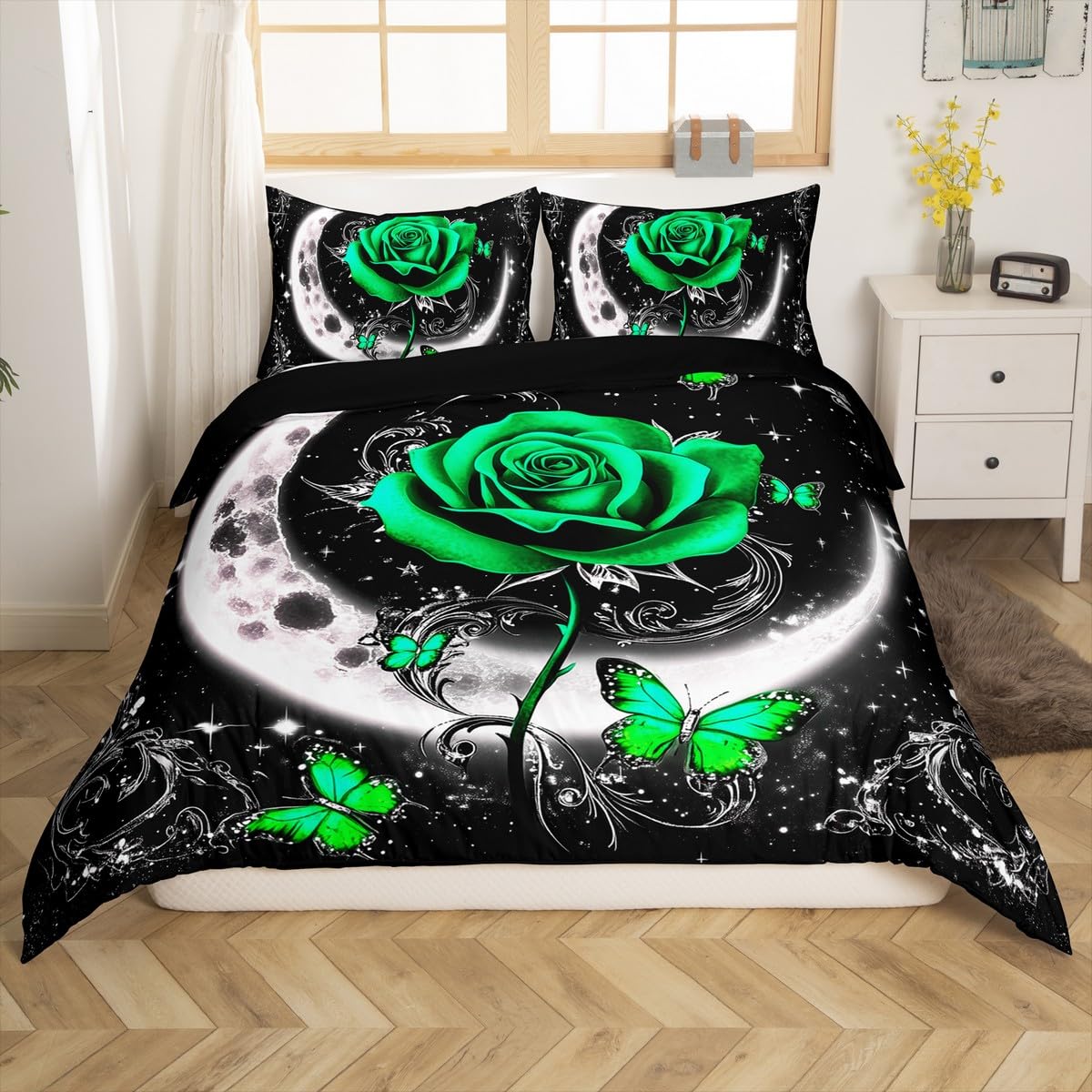 

Rose Flower Bedding Set Twin King,Galaxy Moon Rose Duvet Cover Set For Boys Girls Room Decor,Valentine s Day Floral Quilt Cover 135x200cm