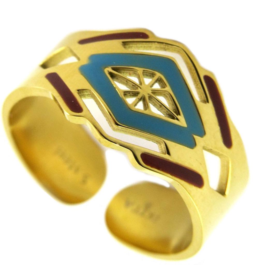 Les Trésors De Lily [P7037] - Designer Steel Ring 'Boho' Turquoise Brown Gold - Width 10 Mm