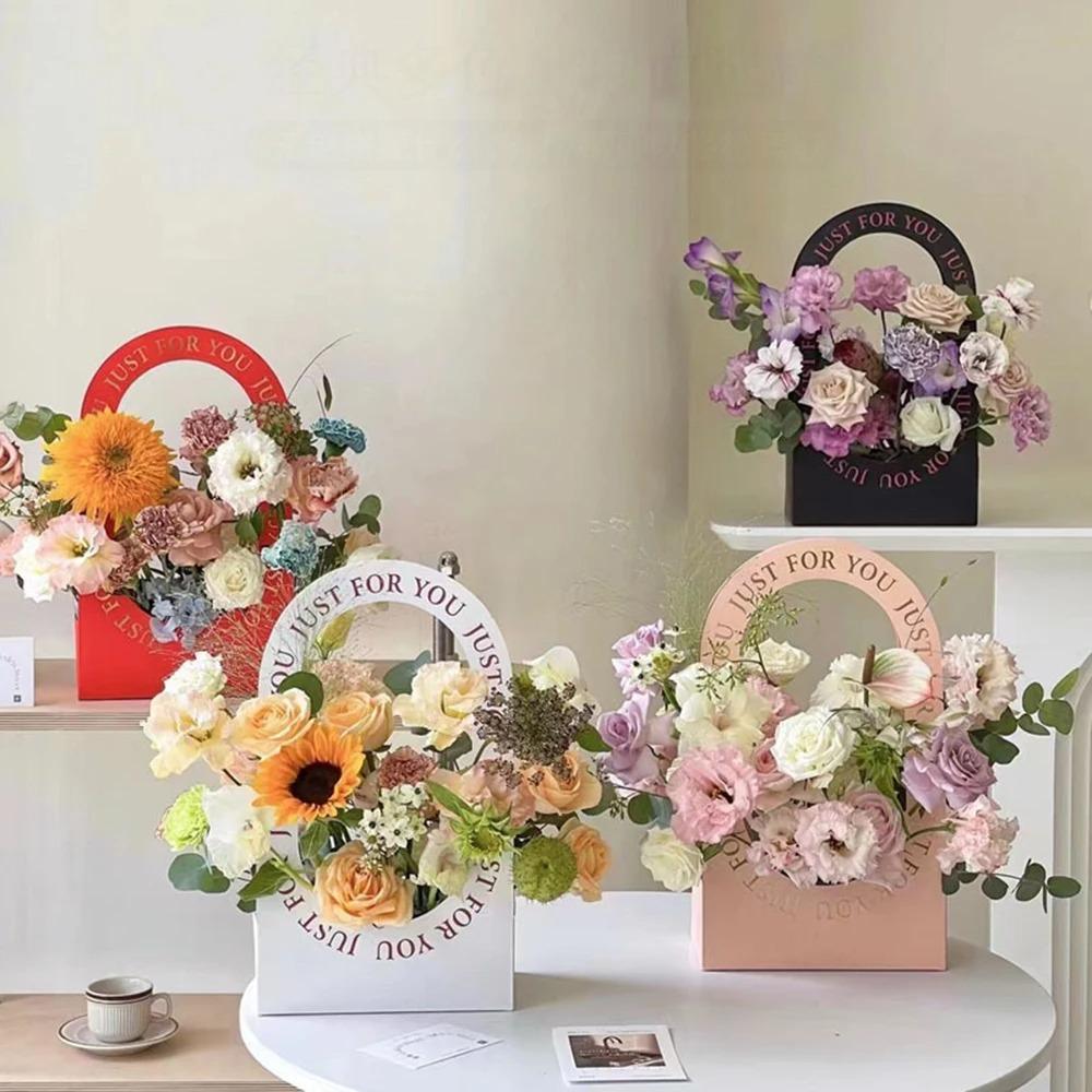 Simple Hollow Hand-Held Flower Basket Paper Flower Bouquet Floral Arrangement Carton Packaging Box Decoration Supplies