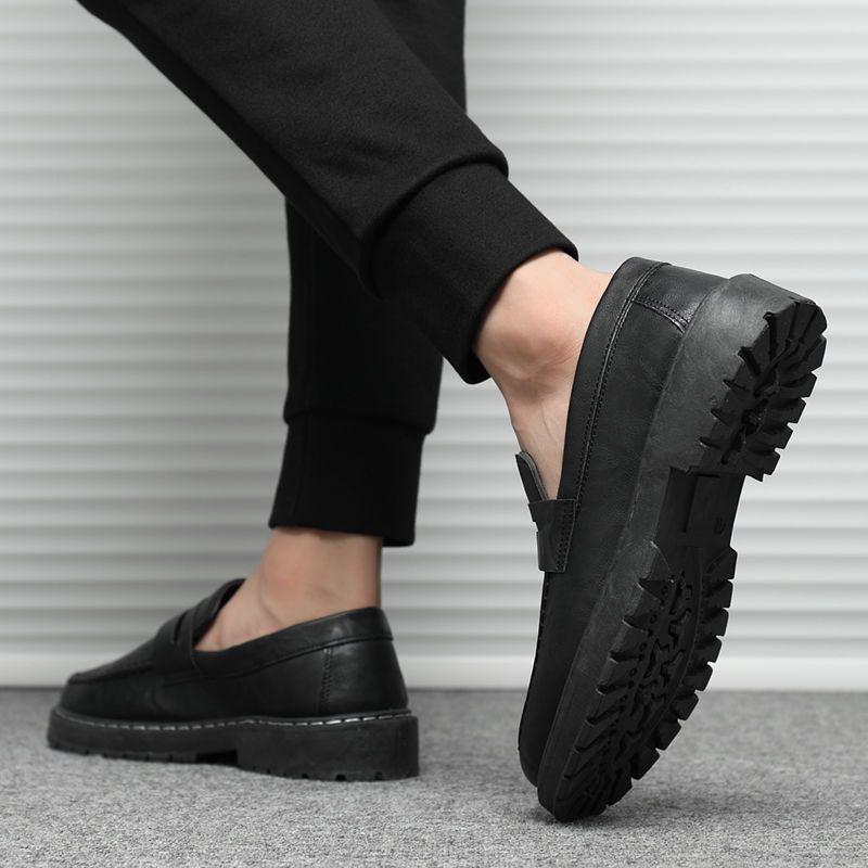 Black Thick Sole Height Increasing Round Toe Men's Leather Loafers Shoes Elegant Retro Low Price Slip-on Male Casual Shoe Sale