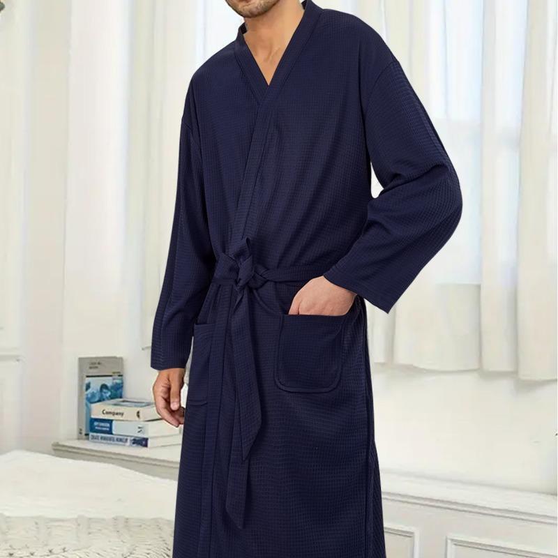 Fashion Waffle Bathrobe Sauna Clothes Thin Nightgown Long Couple Home Clothes Hotel Casual Bathrobe Men