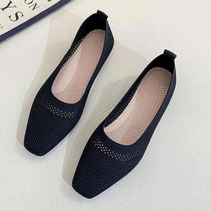 WTEMPO Soft Sole Single Shoes Women's Spring and Summer Square Toe Mesh Low Square Heel Solid Color Knitted Hollow Breathable Non-slip Woven Shoes