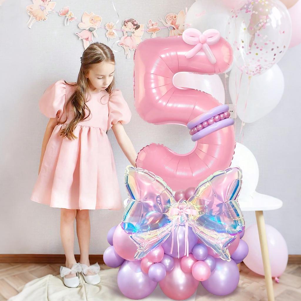 Rainbow Transparent Colorful Bow Balloon Set with 32 inch Pink Digital Balloon 0-9 for Anniversary Birthday Party Decoration