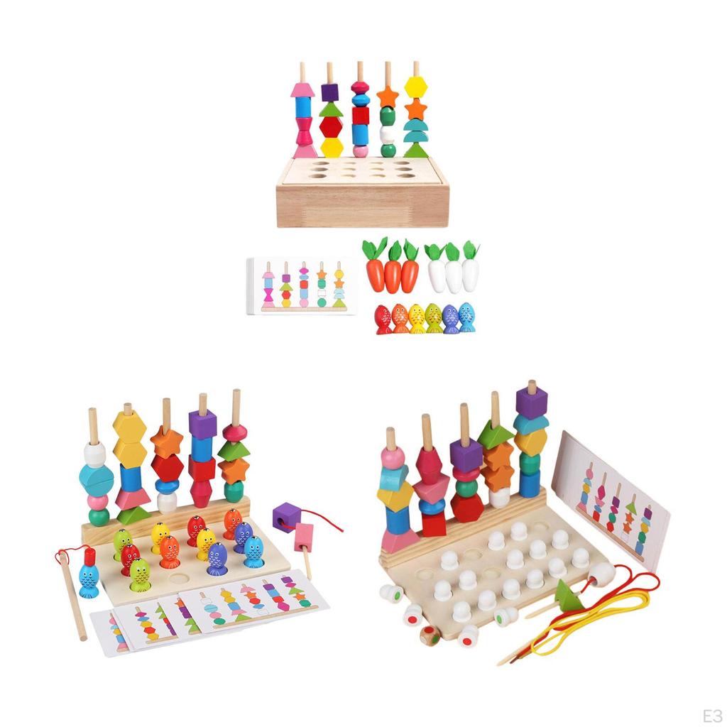 Wooden Beads Sequencing Toy Set Lacing for 2 3 4 5 Year Old Boys Girls fishing and carrots