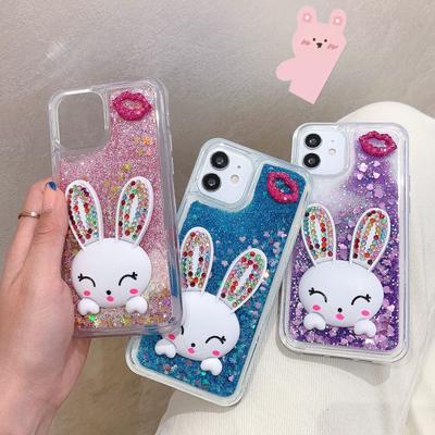 Custodia per Telefono con Supporto a Forma di Coniglio Labbra Rosse per Apple 12 Pro Max con Strass, Sabbie Mobili e Design Cartone Animato. Consegna Veloce!