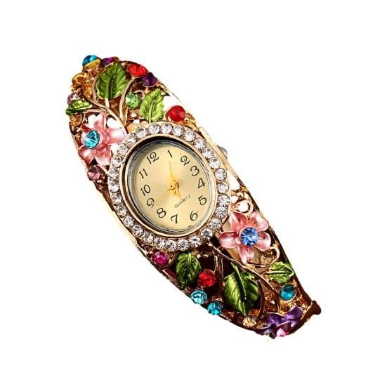 Women Flower Bangle Watch Rhinestone Round Dial Quartz Movement Classic Casual Formal Dress Wide Bangle Wristwatch Fashion Jewelry