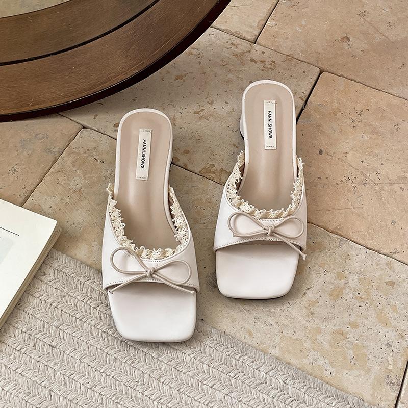 Fashion Women's Footwear Butterfly-knot Square Toe Women Slippers Elegant Thick Heel Slides Ladies Concise Beach Dress Sandalias Fashion