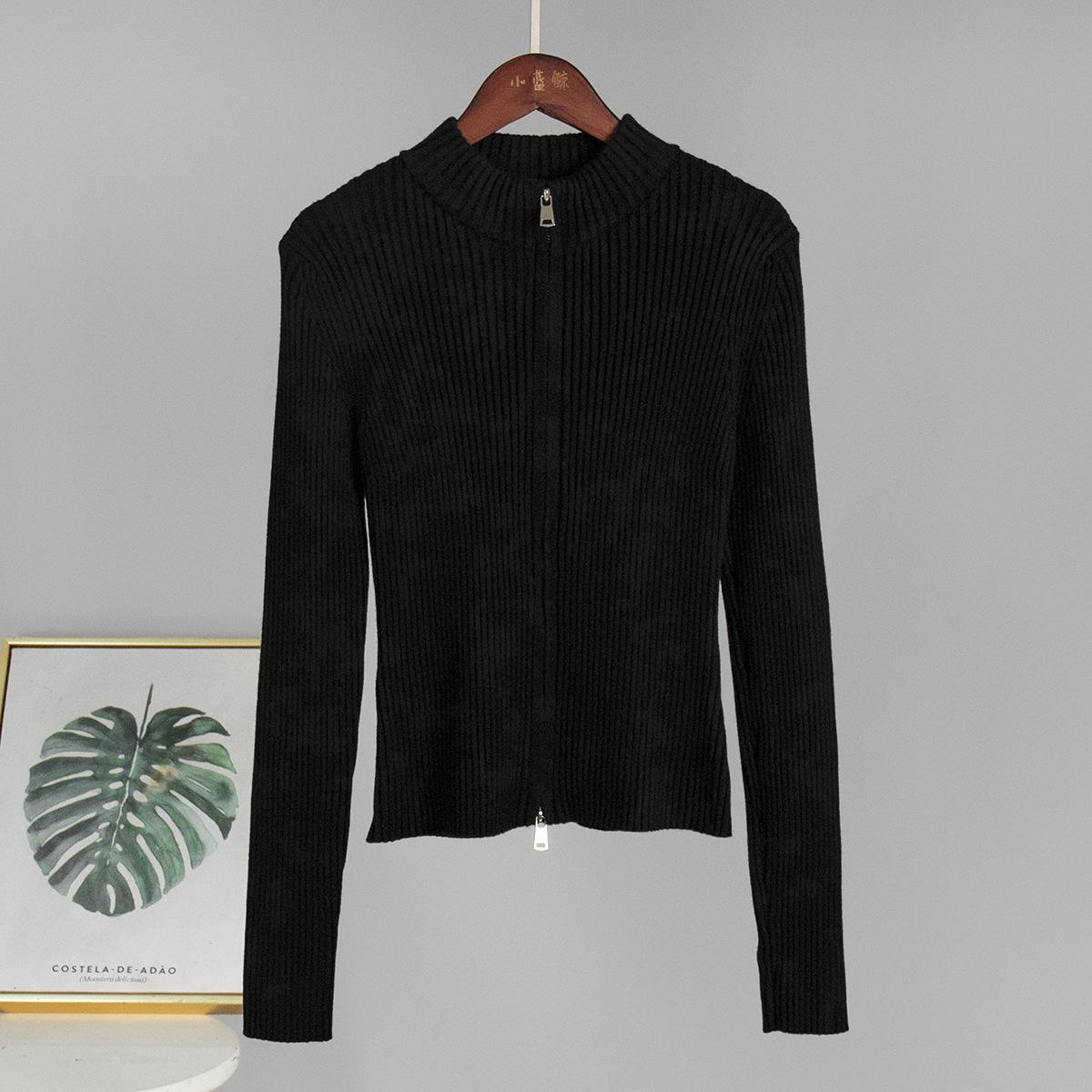 Standing Collar Slimming Long Sleeve Coat Autumn Winter Double Zipper Cardigan Warm Knitted Coat Women Comfortable Undercoat Long Sleeves Sweater L