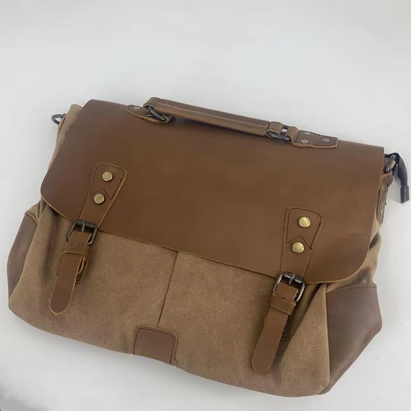 Casual Canvas With Leather Briefcase Men Messenger Bag Flap Pocket Handheld Shoulder Crossbody Bag Business Office Laptop Bags