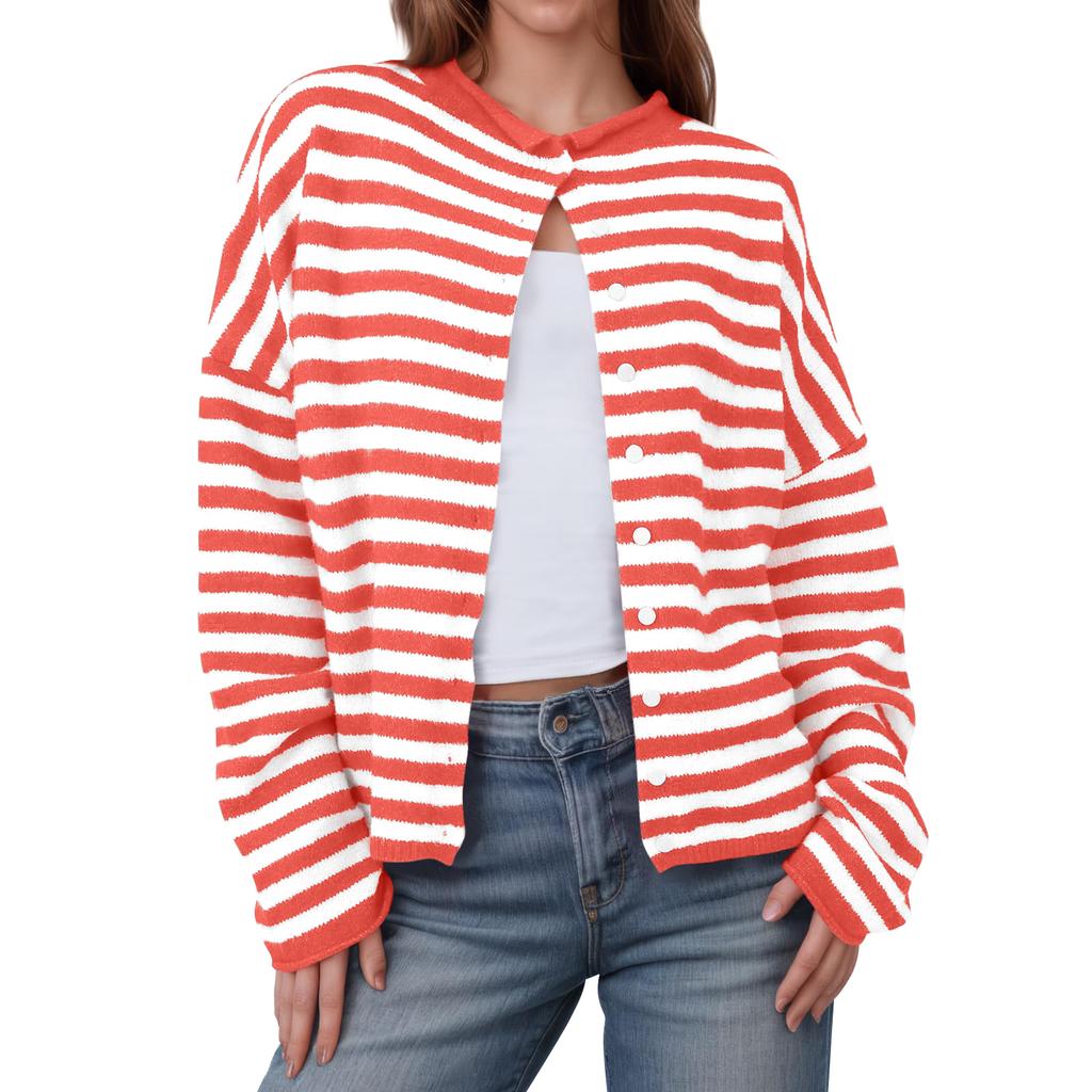 Womens Striped Cardigan Casual Long Sleeve Open Front Button Down Loose Knit
