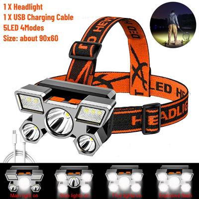 Latarka czołowa ładowana przez USB Przenośna latarka czołowa 5 LED Wbudowana latarka akumulatorowa Przenośna lampa robocza Wędkarstwo Camping Head Light