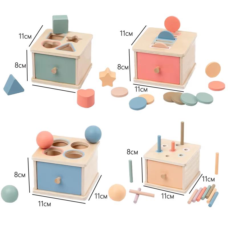 Montessori Object Permanent Box Wooden Toy Color Sorting Shape Matching Box Coins Ball Early Educational Toys Fine Motor Skill