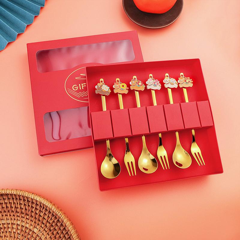 Year Of The Horse Chopsticks Spoons Set Gold Chinese  Year Stainless Steel Spoon Dessert Forks Decoration For Tableware
