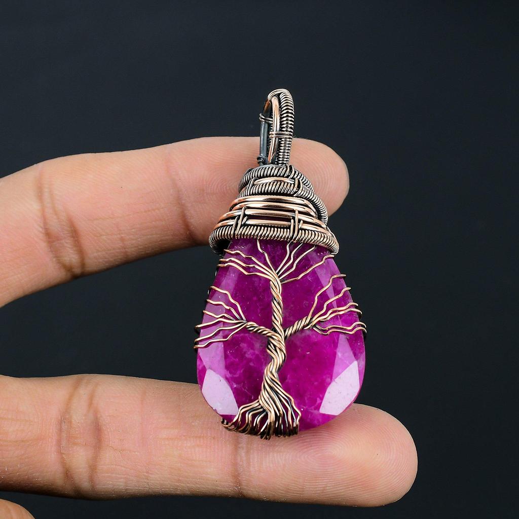Kashmiri Red Ruby Gemstone Handmade Pure Copper Wire Wrap Jewelry Pendant For Thanksgiving