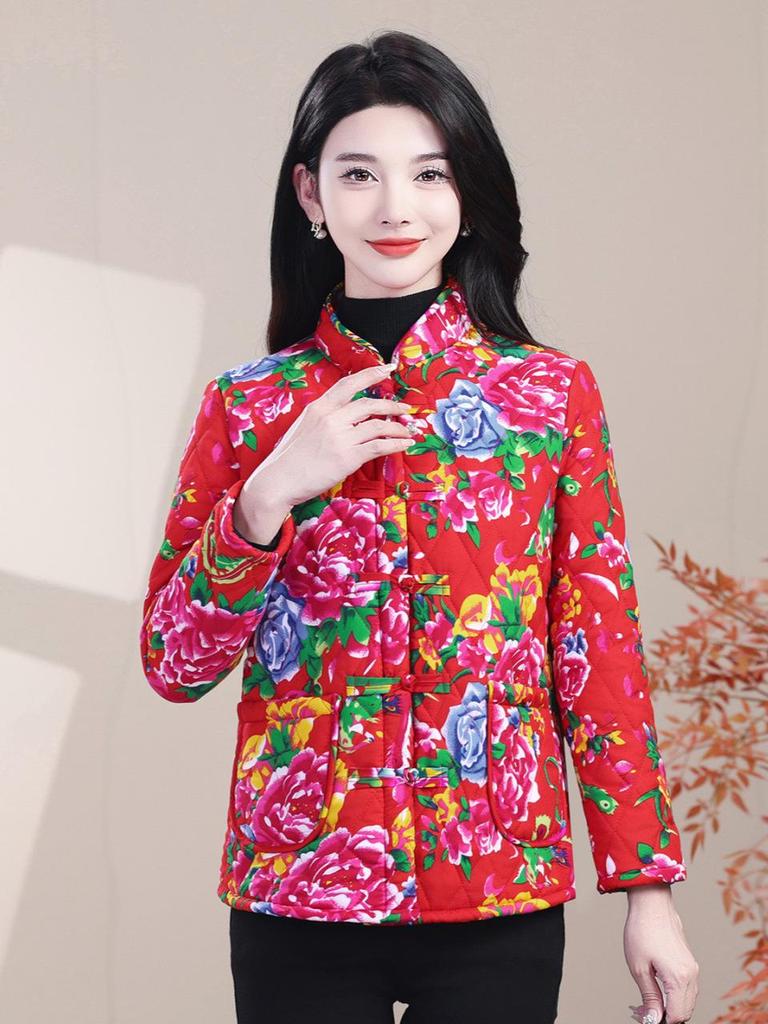 Northeast Women's Thick Floral Cotton Jacket, Plus Velvet, 2025 Winter Yangge Dance Buttoned Performance Costume