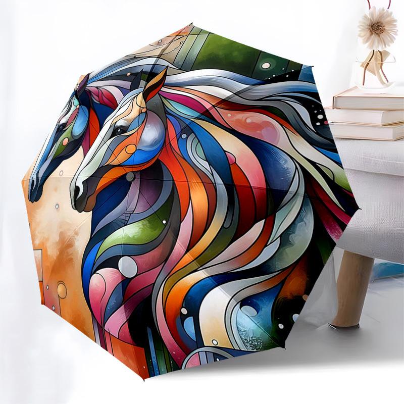 

1pc Colorful Horse Print Automatic Folding Umbrella with 3-Fold Design, Iron Frame, Outdoor Use, Festival Gift, Suitable for Fans, Travel, Daily Use,