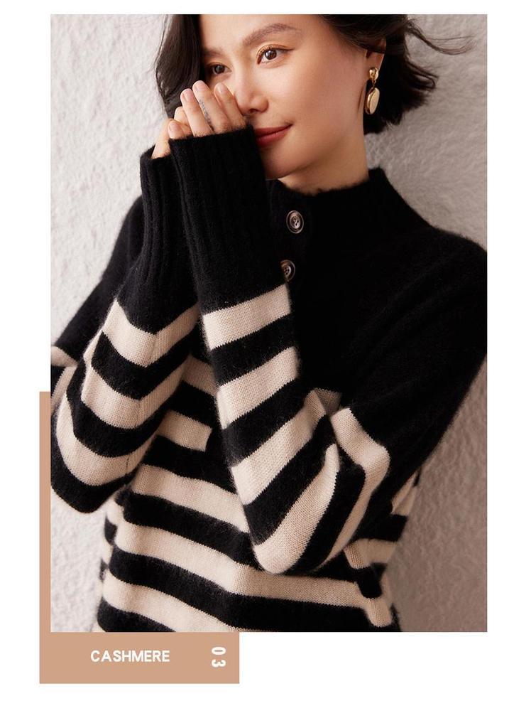 Lekasha Cashmere Striped Knit Sweater - Versatile, Skin-Friendly, Loose Fit for Autumn/Winter