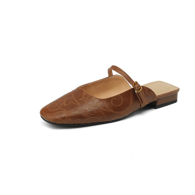 Fashion 2025 Summer Women Mules Genuine Leather Women Shoes square Toe Chunky Heel Shoes Cover Toe Slingback Sandals Shallow Slippers
