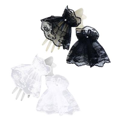 Frauen schwarze Spitze Handgelenk Manschetten Armbänder Hochzeit Strass Schleife fingerlose Handschuhe