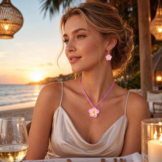 2Pcs/Set Lightweight Floral Jewelry Set, Polymer Clay Realistic Flower Charm Necklace, Hawaiian Style Drop Earrings for Daily Wear