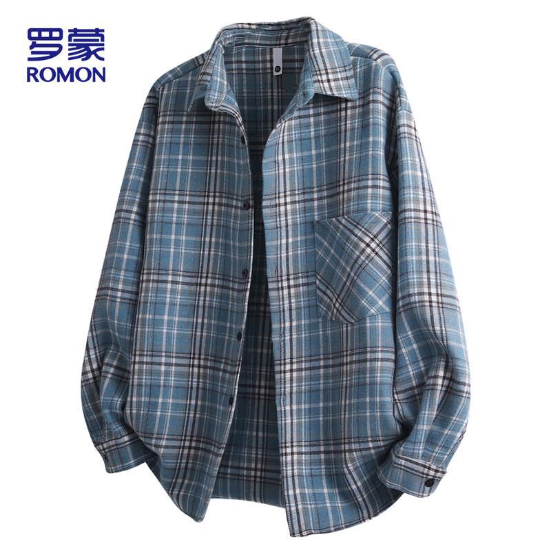 

ROMON Men s Plaid Long-Sleeve Casual Shirt M