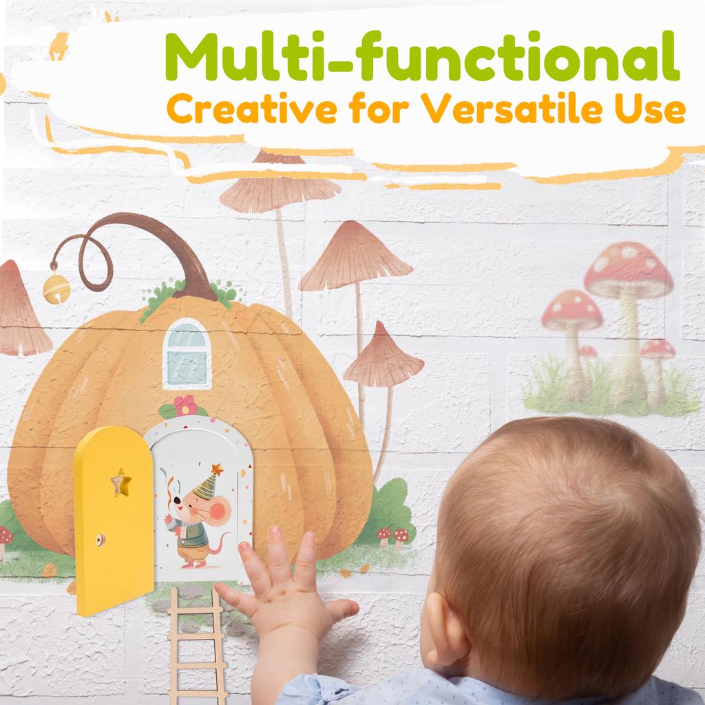 Cartoon Elf Door Fairy Door Kit with Ladder Natural Wood Elf Door Kit for Children's Room Wall Bookshelf Tree Garden Decoration