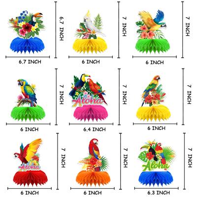 9 Piezas Tema Tropical Hawái Tucán Loro Adorno de Panal de Abeja de Escritorio Atrezo para Fotos para Fiesta de Cumpleaños de Verano Aloha Boda