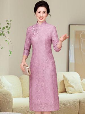Elegant Plus Size Pink Chinese Style Short Sleeve Formal Dress for Mothers - Autumn 2025 Collection