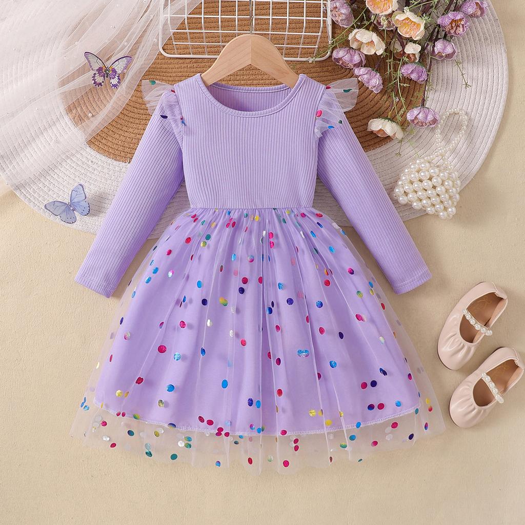 Sweet Girls' Dress Spring/Fall Children's Fashion Long-Sleeve Sequin Mesh Dress