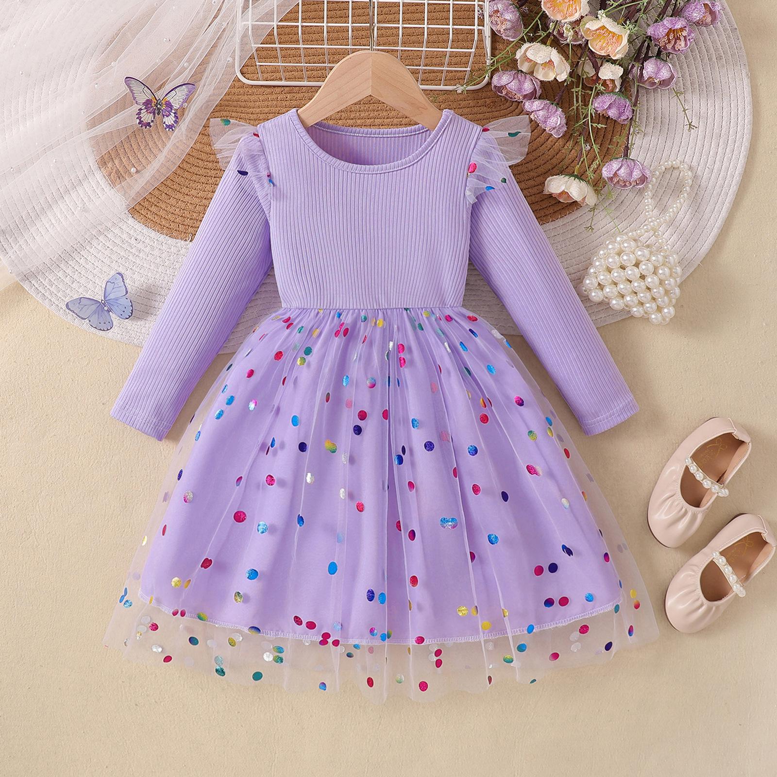 

Sweet Girls Dress Spring/Fall Children s Fashion Long-Sleeve Sequin Mesh Dress 140cm【9-10】 фіолетовий