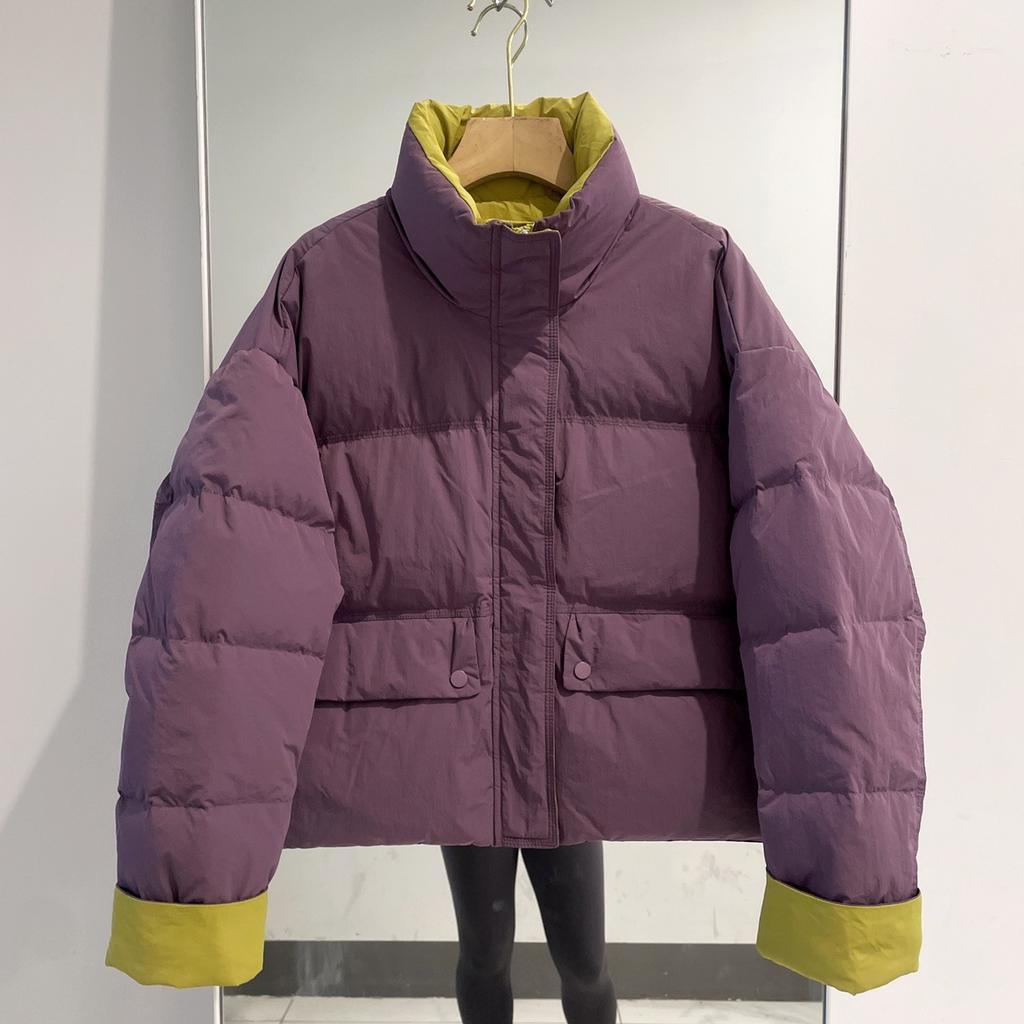 Winter New Stand-up Collar Down Jacket Women's Short Contrasting Color Splicing Versatile Fashion Thickened Casual Jacket