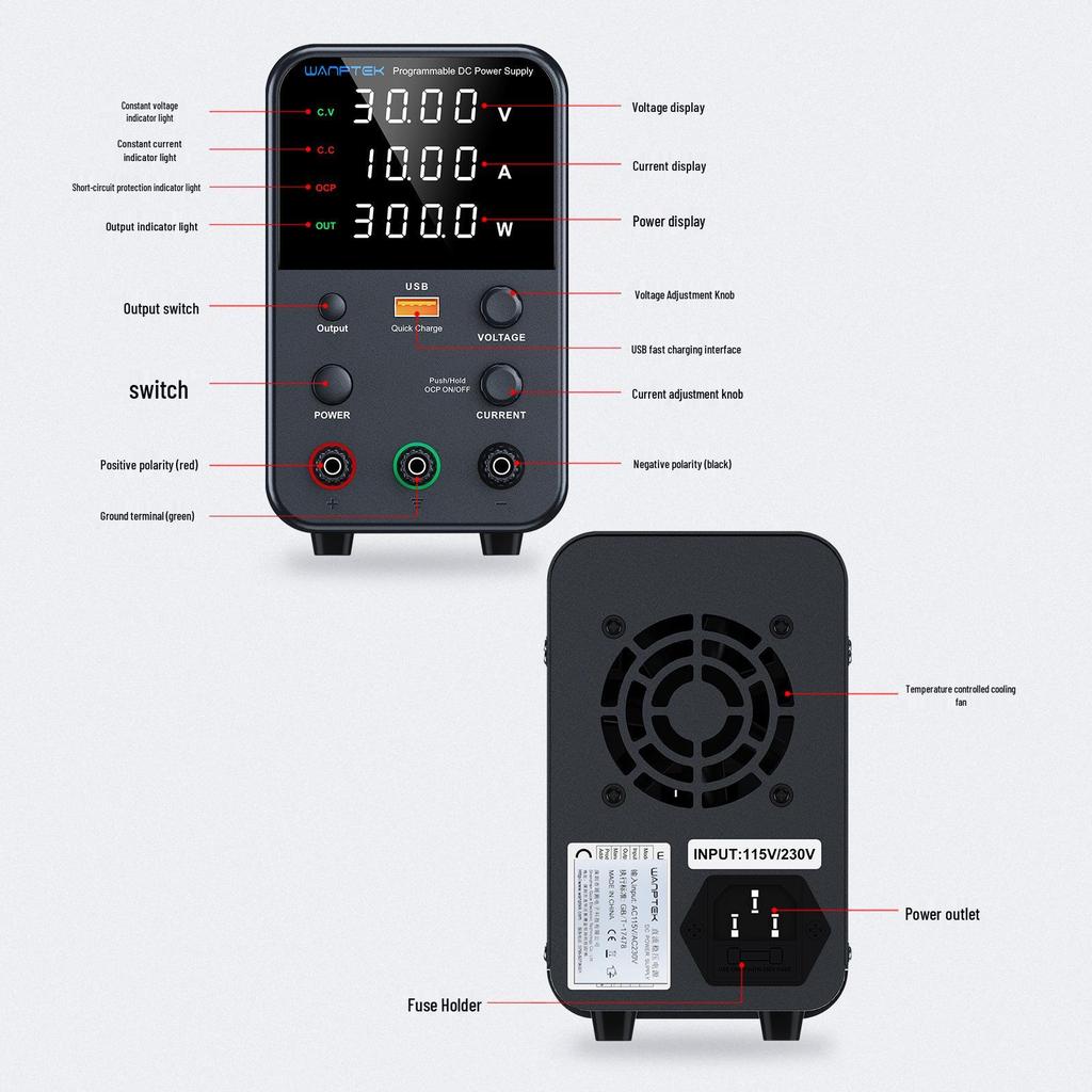 Gucetest WPS305H 30V 5A Adjustable DC Power Supply with OCP Protection and 24V Regulated Output Button
