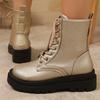 Golden Lace Up Ankle Boots Women Pu Leather Wedges Boots for Woman Spring Autumn Thick Bottom Plus Size 36-43 Booties Female
