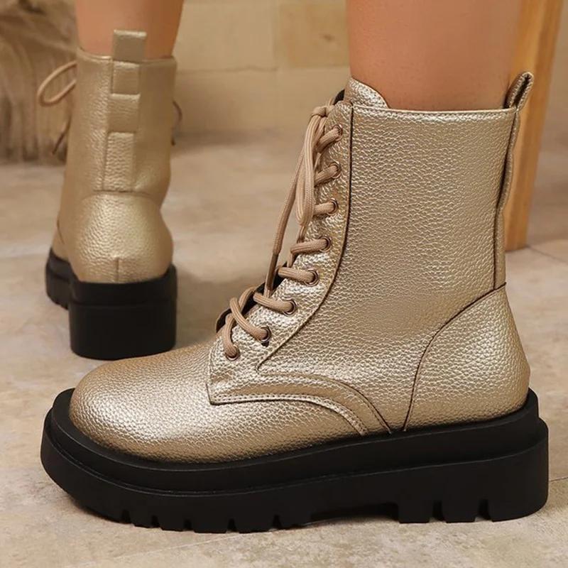 Golden Lace Up Ankle Boots Women Pu Leather Wedges Boots for Woman Spring Autumn Thick Bottom Plus Size 36-43 Booties Female