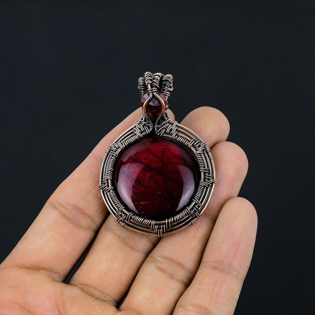Red Flash Labradorite Pendant, 999 Copper Wire Wrapped Jewelry, Gemstone Jewelry Pendant, Handmade Wedding Gift Jewelry