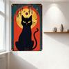 Vintage Rusty Metal Sign with Black Cat Yellow Eyes, Sun Moon, Bats - Red Arch Teal Border Wall Decor for Bar Pub Home Cafe