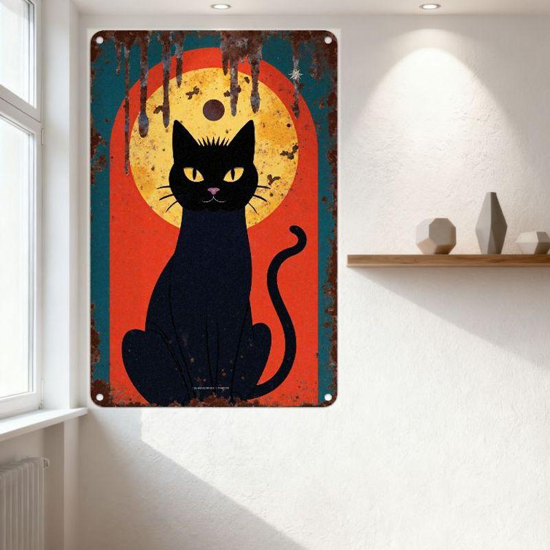 Vintage Rusty Metal Sign with Black Cat Yellow Eyes, Sun Moon, Bats - Red Arch Teal Border Wall Decor for Bar Pub Home Cafe