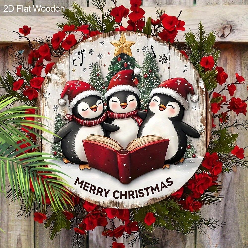 Christmas decoration sign,indoor hanging decorations,2D flat Wooden products with The pattern is three penguins wearing Christmas hats,Christmas gift