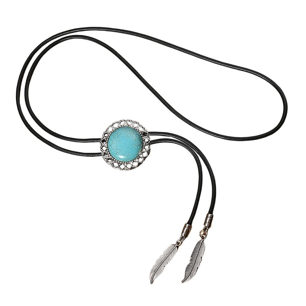 Mens Women Leather Rope Bolo Tie Vintage Turquoises Stone Jewelry Cowboy Necktie Western Necklace with Feather Pendant