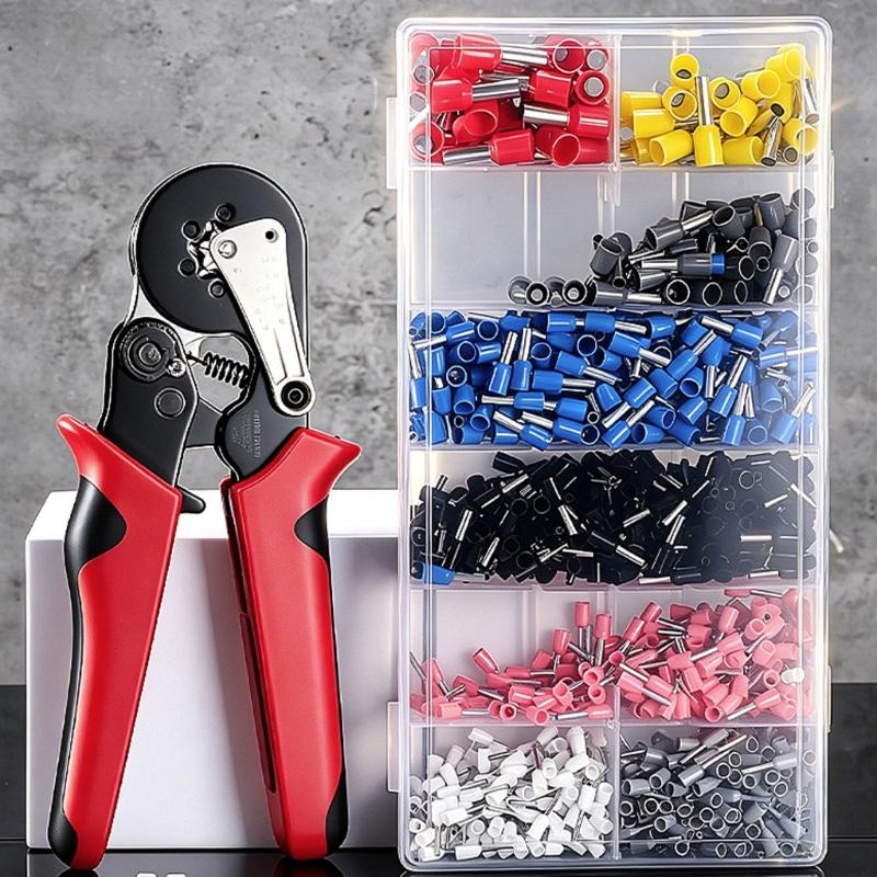Manual Ferrule Crimping Pliers with Ratcheting Action, Guide Block, and Grip Shell for Wiring Repair and Install Work