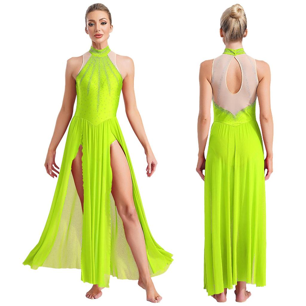 Damen Modern Lyrical Dance Dress Ärmellos Split Sheer Mesh Ballet Gymnastik Trikotkleid Zeitgenössische Performance Dancewear