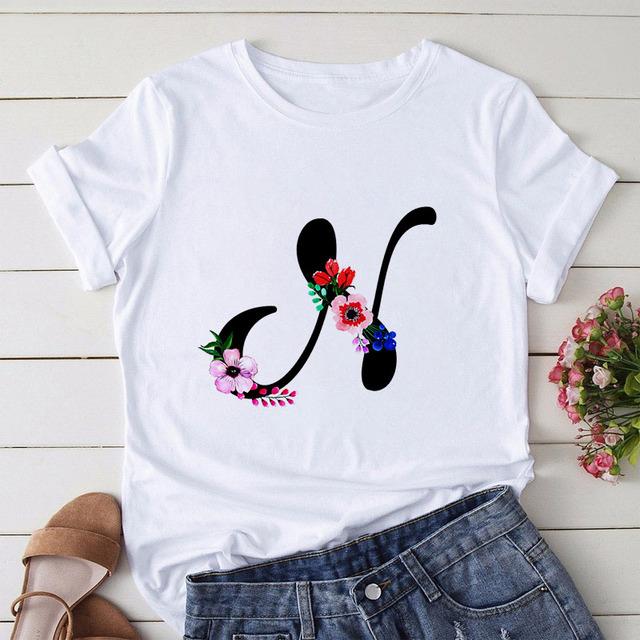 New Alphabet Print Women T Shirt Woman Harajuku Short Sleeve Tees Shirt Floral Letters T-Shirt Girl Summer Tee Top Femme Tshirt