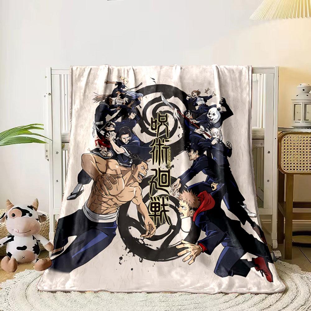 

Characters in dynamic poses surrounding black swirling symbol and text. for all seasons blanket lunch break throw gift 80cm x 120cm