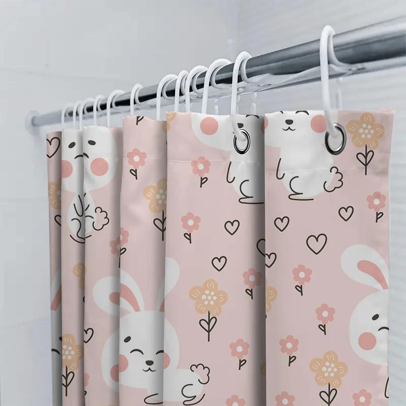 Adorable Pink Rabbit Flower Print Shower Curtain Set For Bathroom Decor 180Cm Waterproof Fabric Shower Panel Curtains Home Decor