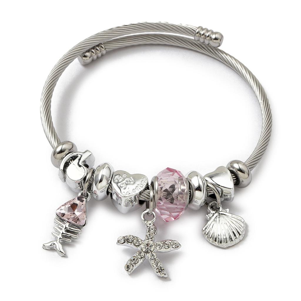 Simple Fashion Stainless Steel Bracelet With Crystal Bead Pendant Unisex Jewelry
