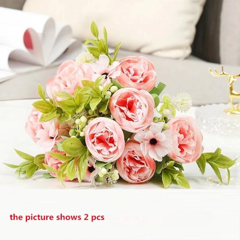 Green Aloes 2pcs Wedding Pink Peony Daisy Bouquet Artificial Flowers Simulation Chogori Peonies Silk Fake Flower Hall Decorative