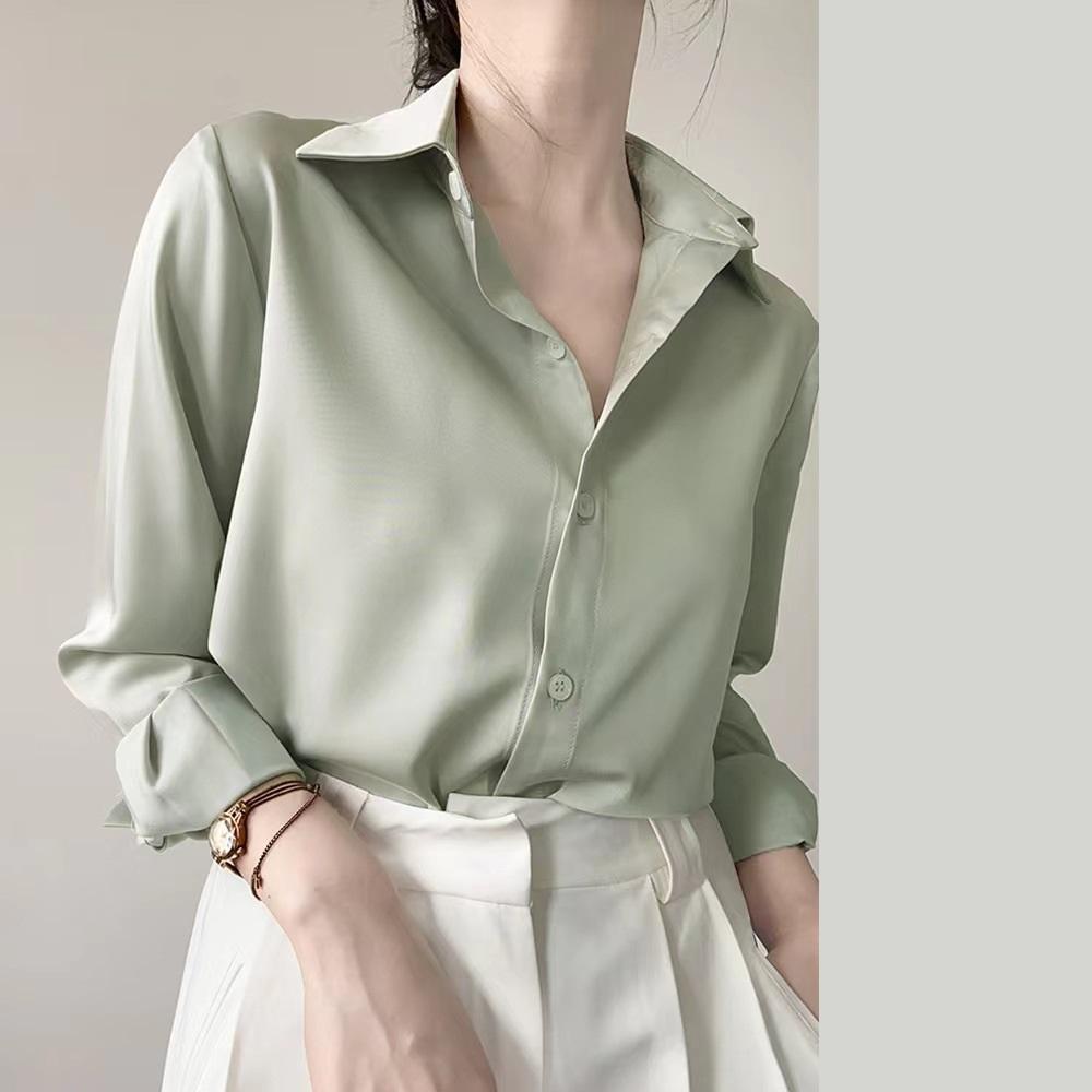 

Длинные рукава атласной рубашки женские дизайнерские Sense Niche весна-лето солнцезащитный универсальный драпированный ретро рубашка в стиле Гонконга 2XL зелёный
