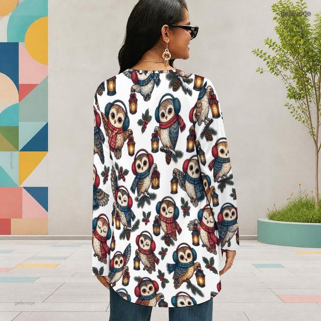 Women Plus Size White Christmas Printed Round Neck Long Sleeve Loose High Low Hem Shirt