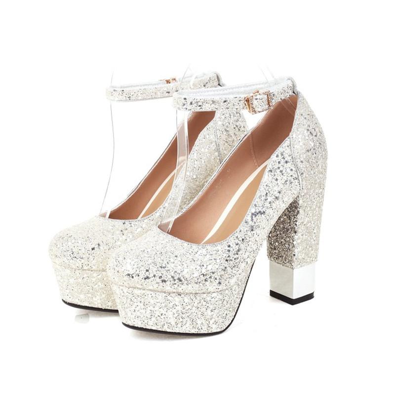 Pailletten Gold Pumps Frauen Bling-Bling Glitter Silber High-Heels Schuhe Dame Dicken Absätzen Plattform Schnalle Schuhe Hochzeit Party