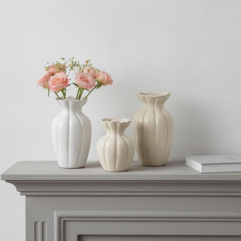 Cream Ceramic Vase Ruffled Edge Fluted Design Home Table Decor Vase For Fresh Flower Arrangement